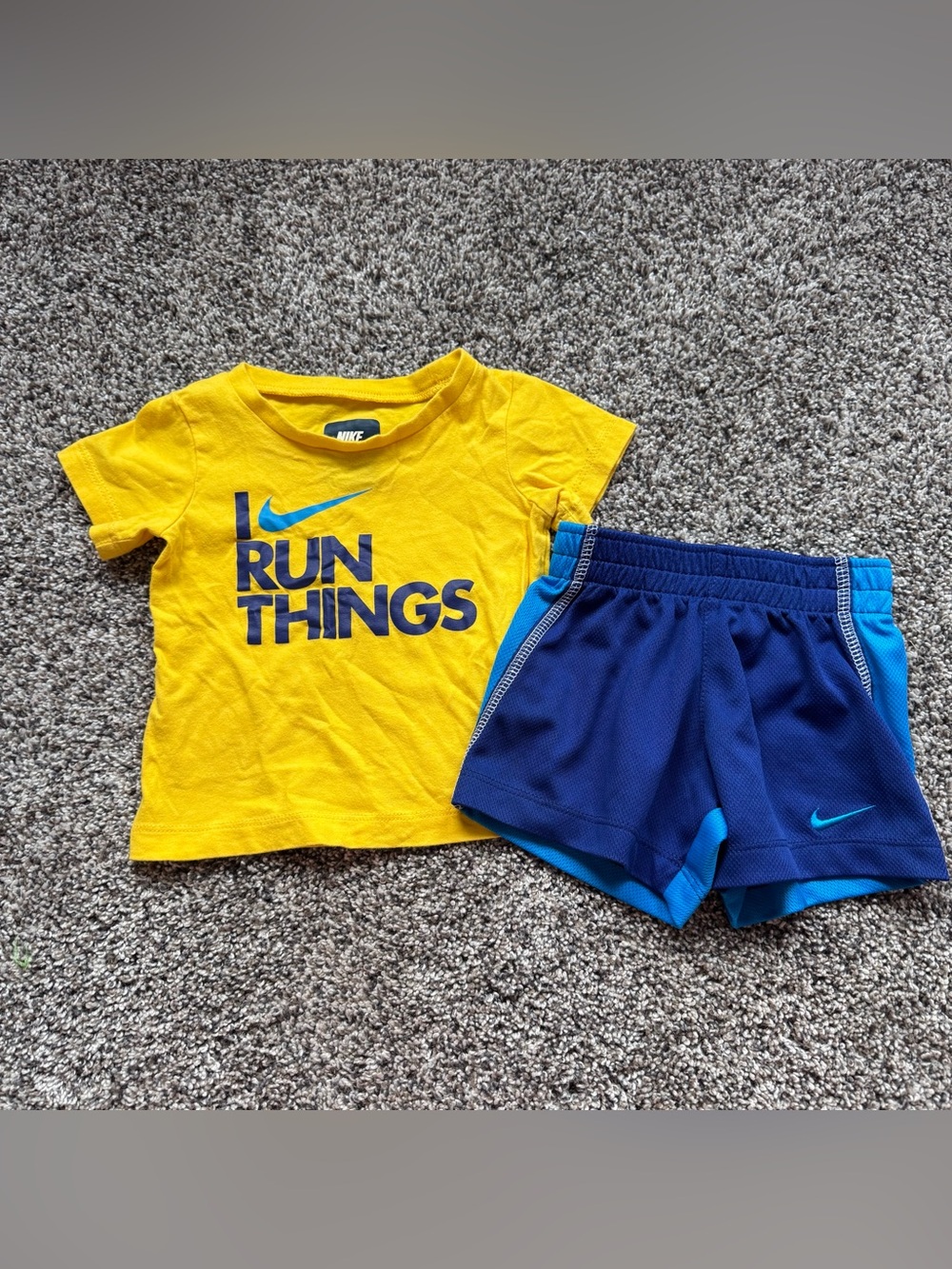 Nike Yellow 'I Run Things' Tee with Navy & Bright Blue Athletic Shorts